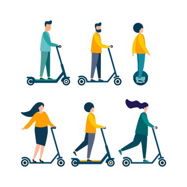 İnsanlar scooter kullanıyor. Modern illüstrasyon. Düz vektör. Beyaz arkaplanda izole