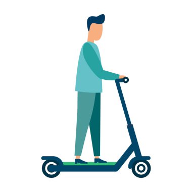 İnsanlar scooter kullanıyor. Modern illüstrasyon. Düz vektör. Beyaz arkaplanda izole
