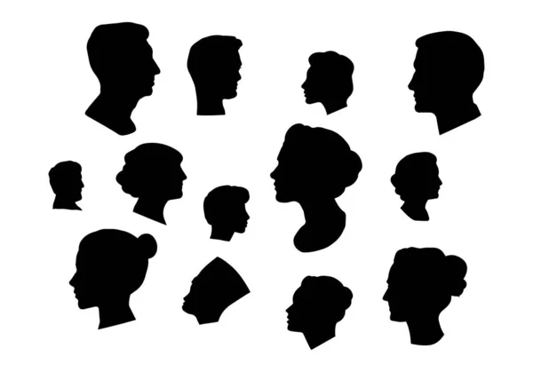 Set of silhouettes of peoples heads. Vector silhouettes of women and men depicted in profile. Isolated background EPS 10. — Stock Vector