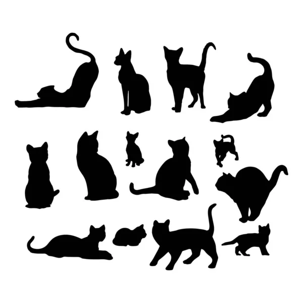 Conjunto de siluetas de gatos. Gatos en diferentes poses. Vector aislado de fondo. EPS 10. — Vector de stock