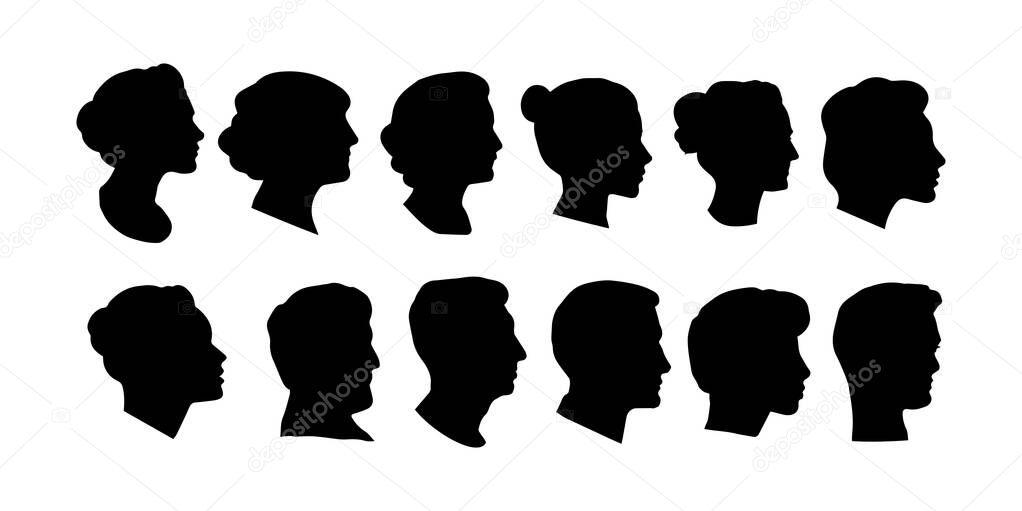 Set of silhouettes of peoples heads. Vector silhouettes of women and men depicted in profile. Isolated background EPS 10.