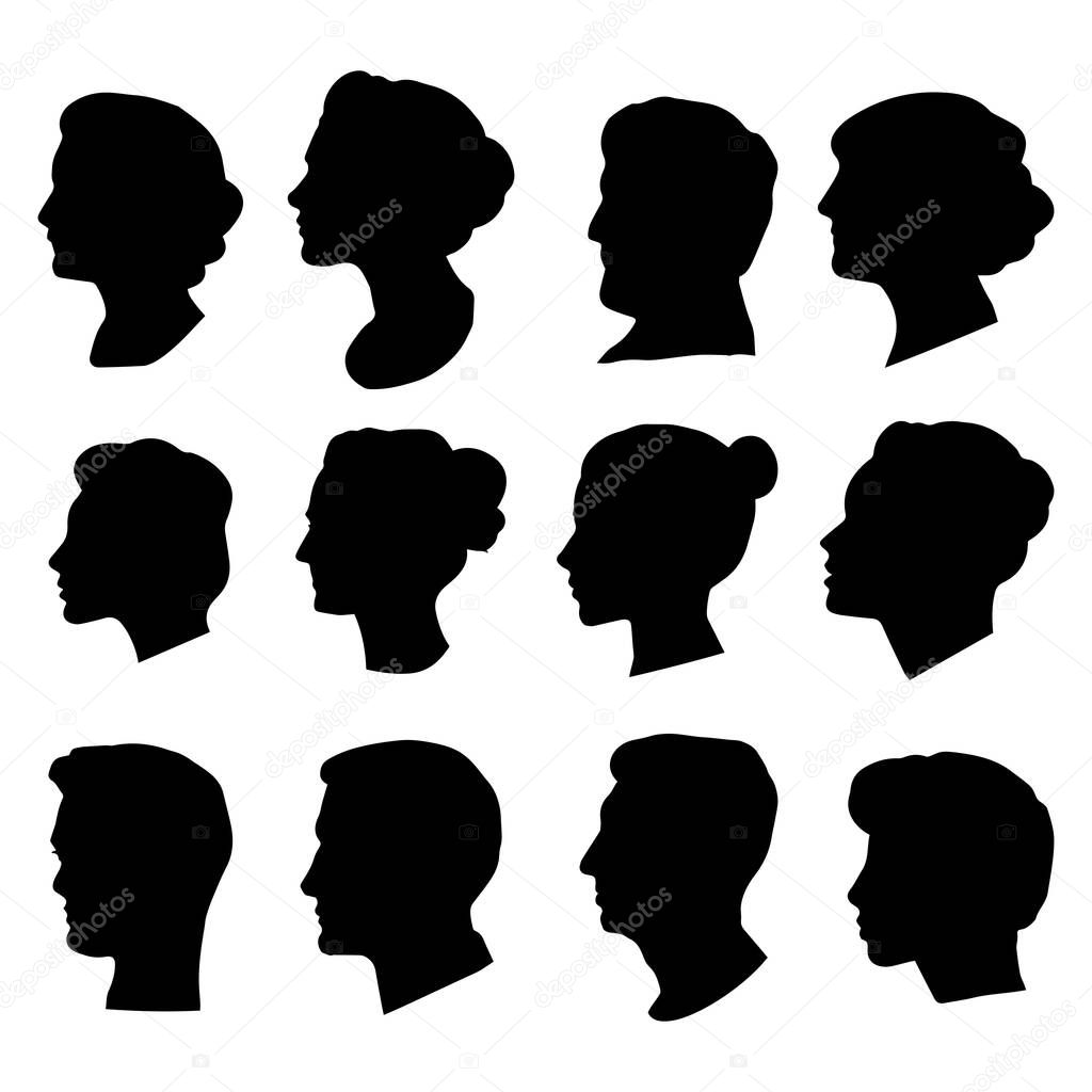 Set of silhouettes of peoples heads. Vector silhouettes of women and men depicted in profile. Isolated background EPS 10.