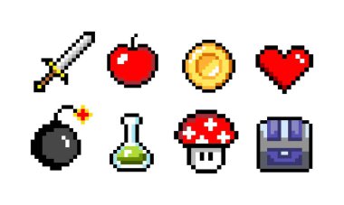 Piksel simgeleri. Eski okul oyunlarından esinlenerek, kılıç ve iksir, kafatası ve para, mantar ve kalp, beyaz üzerine izole piksel koleksiyonu