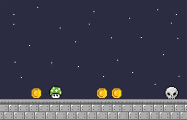 Piksel oyun arkaplanı. Aksesuarlar ve karakterler. vektör EPS 10