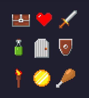 Piksel simgeleri. hazine sandığı, kılıç, sihirli iksir, kırmızı kalp, ateş meşalesi, altın sikke.