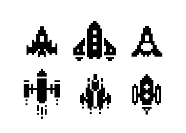 Set Grafico Astronavi Pixel Art Bianco Nero — Vettoriale Stock