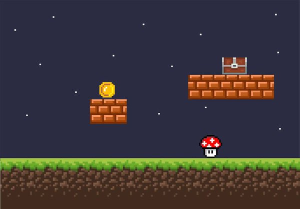 Pixel game background with ground, grass, sky and props and character