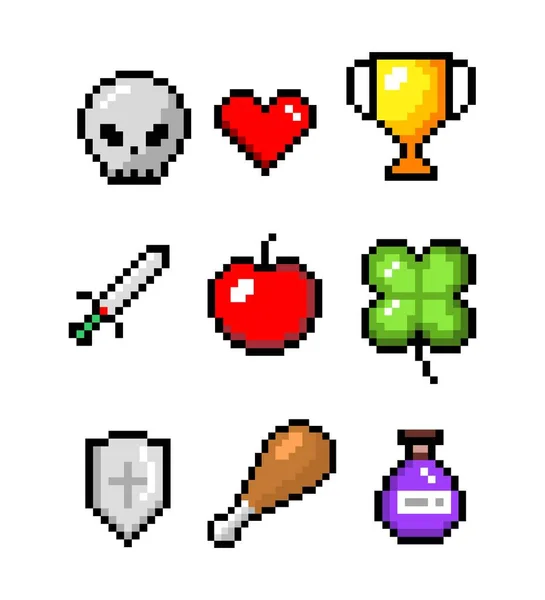 Ensemble Objets Vectoriels Pixel Art Minimalistes Isolés Epée Pièce Potion — Image vectorielle