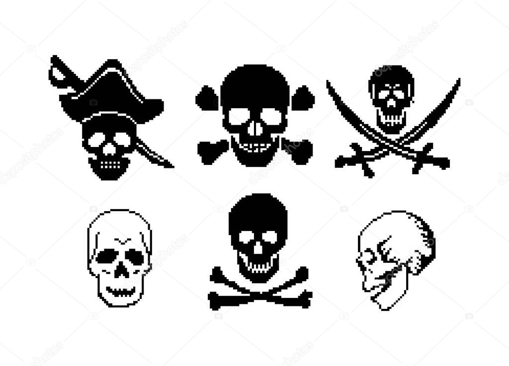 Pirate - pixel art. Jolly Roger Skull. Sea robber.