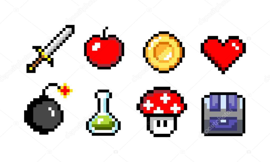 Pixel icons. inspired by old school games, sword and potion, skull and coin, mushroom and heart, pixel collection isolated on white