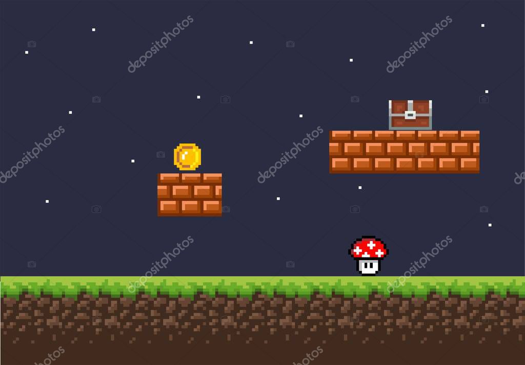 Pixel game background with ground, grass, sky and props and character