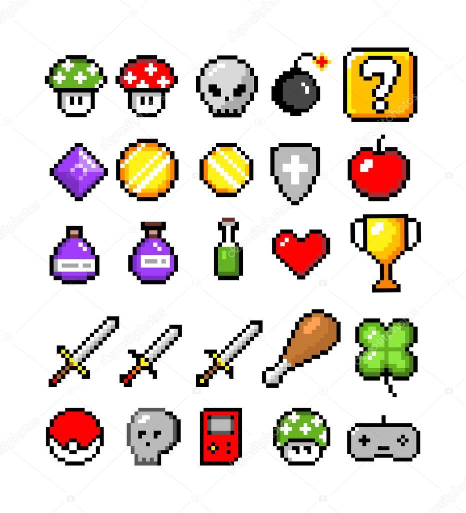 Set of minimalistic pixel art vector objects isolated. Sword, coin, potion, heart