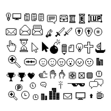 Piksel resim seti, web sitesi veya mobil kullanıcı arayüzü için siyah-beyaz 8-bit simgeleri. İzole vektör çizimi. Oyun sanatı