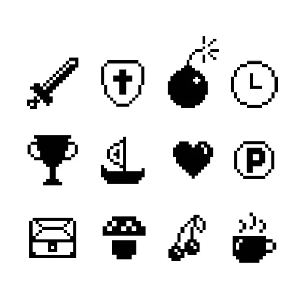 Iconos de juego de 8 bits, símbolos monovectoriales, ilustración vectorial aislada. — Archivo Imágenes Vectoriales