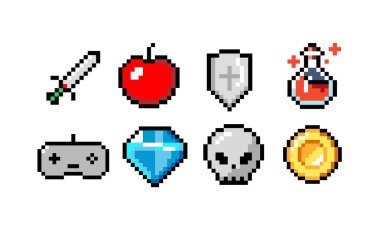 Bir dizi minimalist piksel sanat vektörü nesnesi izole edildi. Kılıç, para, iksir, kalp
