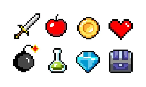 Ensemble Objets Vectoriels Pixel Art Minimalistes Isolés Epée Pièce Potion — Image vectorielle