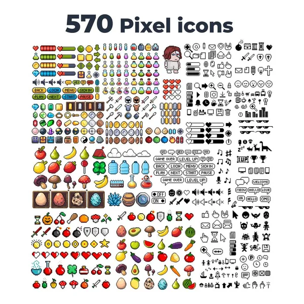 8-bit piksel grafik simgeleri seti. İzole vektör çizimi. Oyun sanatı. Silahlar, mücevherler, iksirler, sandıklar.