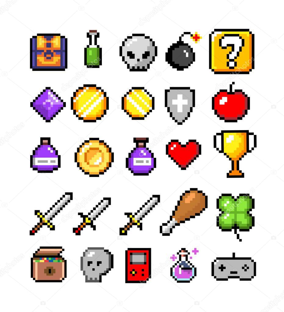 Set of minimalistic pixel art vector objects isolated. Sword, coin, potion, heart