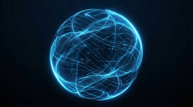 Mavi ve Mor Dijital Dalgalar ve Parçacıklarla Nöron Geleceği 3D Enerji Küresi