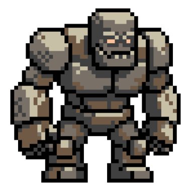 Stone Golem Piksel Karakteri - 8 Bit Fantezi Kaya Canavarı Oyun Sprite Vektörü.