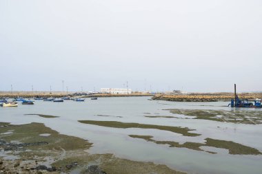 Görüntü, sığ bir sahil ya da liman bölgesinde mavi bir tarama teknesini gösteriyor, ama tüm sahne yoğun bir sis tarafından gizleniyor, ona yumuşak, düşük kontrastlı bir görünüm veriyor, sadece tarağın silüeti ve belirsiz kıyı şeridi görünür