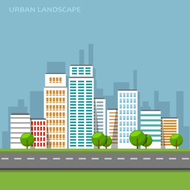 Vektör düz şehri kentsel peyzaj çizim.
