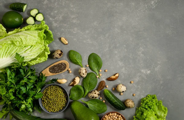 Vegetable Frame Greens Zucchini Avocado Beans Nuts Gray Background Menu — Stock Photo, Image