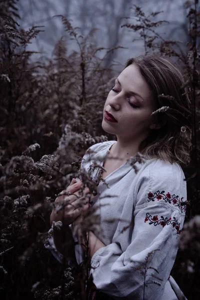 Lány Egy Hagyományos Ukrán Ruha Sír Vagy Hiányzik Szeretője Ősszel — Stock Fotó
