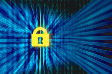 Dijital ekran arkaplanındaki sarı kilit ve mavi ikili değerler