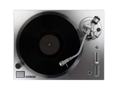 Beyaz arkaplanda bir turntable 'ın üst görünümü