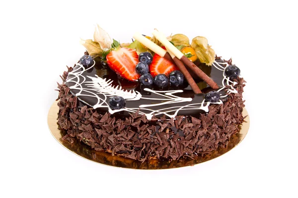 Torta al cioccolato con decorazione di frutta fresca — Foto Stock