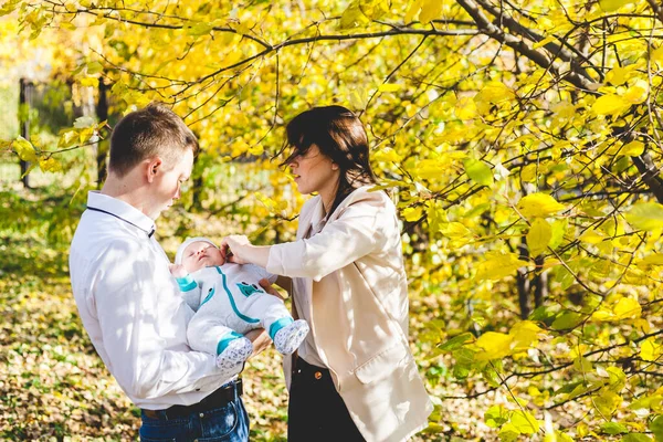 엄마와 아빠가 아기를 데리고 공원이나 아이입니다 나뭇잎은 자연의 아름다움 입니다 — 스톡 사진