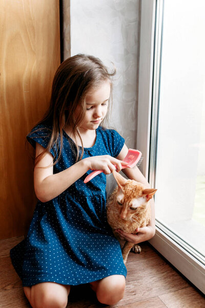 Little girl with blonde hair sits on the floor near the window and holds a cat, pet care