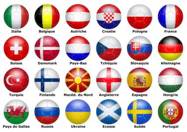 2021 kupası için Fransızca metin bulunan katılımcı takımların bayrakları