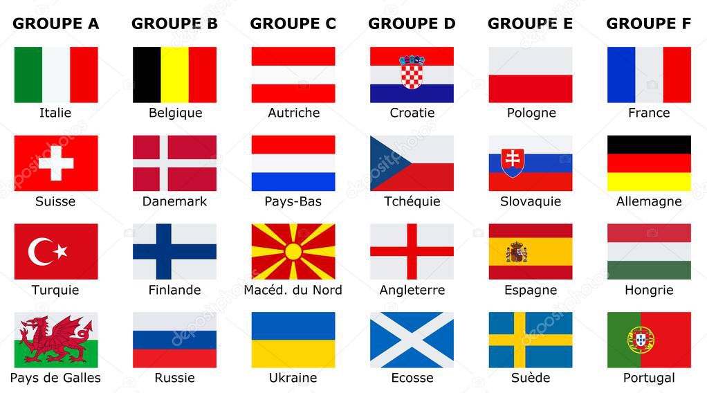 Flags of participating teams with French text for the 2021 cup