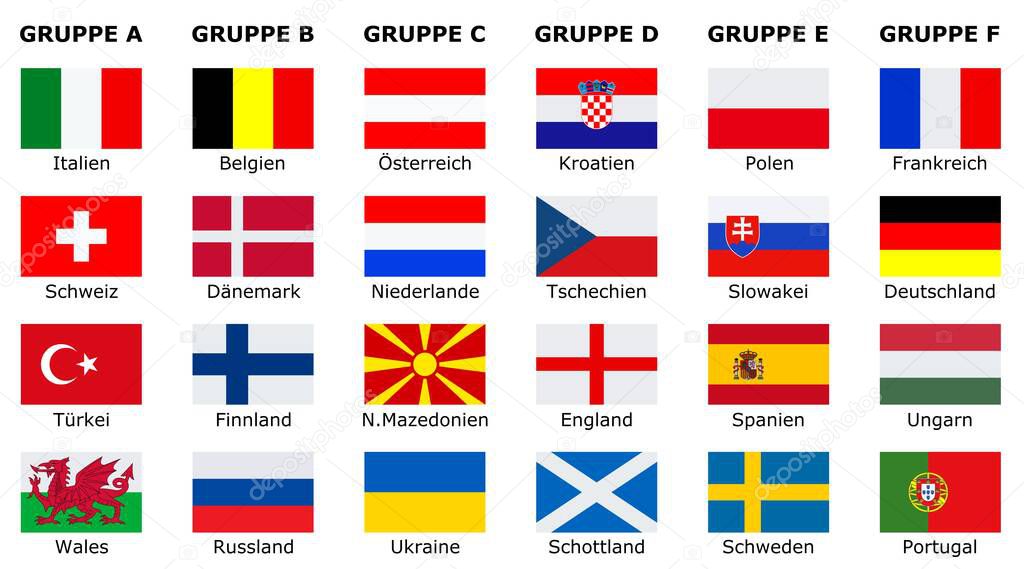 Flags of participating teams with German text for the 2021 cup