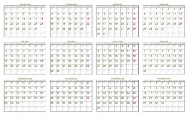 2026 yılı için takvim ızgaraları Fransızca metinlerle