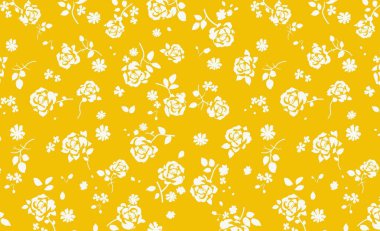 Sarı arkaplanda beyaz güller deseni - çizim tasarımı 