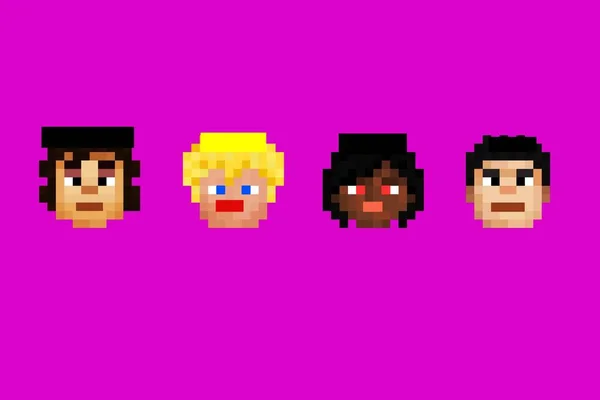 Set Pixel Personaggi Dei Cartoni Animati Sfondo Viola Illustrazione — Foto Stock