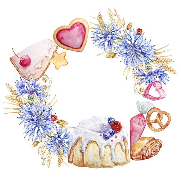 Frame made of pastries, sweets, cornflowers, dried flowers and wheat ears. Watercolor pastries. Logo, banner. Watercolor background