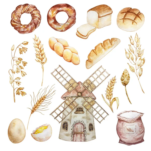 Υδατογραφία Απεικόνιση Της Ζαχαροπλαστικής Ψήσιμο Ξηρό Γρασίδι Και Αγριολούλουδα Ψωμί — Φωτογραφία Αρχείου