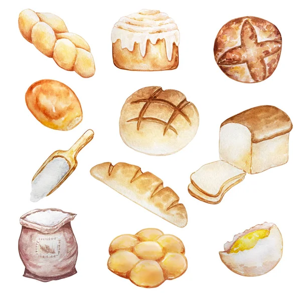 Illustration Aquarelle Pâtisseries Pâtisseries Croissant Lumineux Frais Tarte Pain Pain — Photo