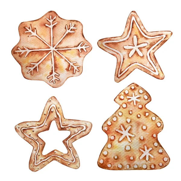 Sammlung Von Lebkuchen Sternen Schneeflocken Und Weihnachtsbaum Aquarell Illustration Isoliert — Stockfoto