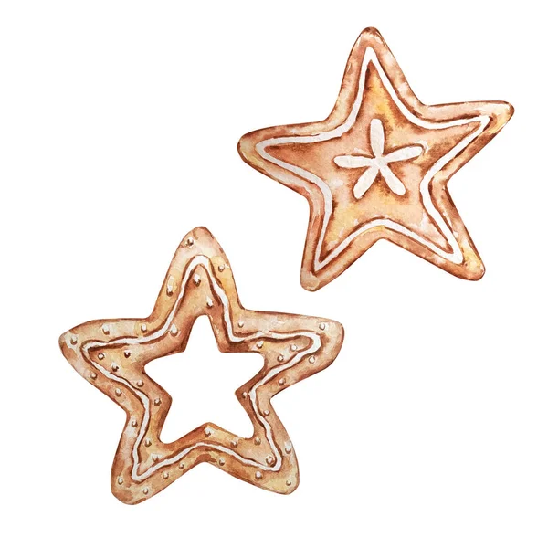 Conjunto Acuarela Pan Jengibre Navidad Dos Estrellas Ilustración Acuarela Aislada —  Fotos de Stock