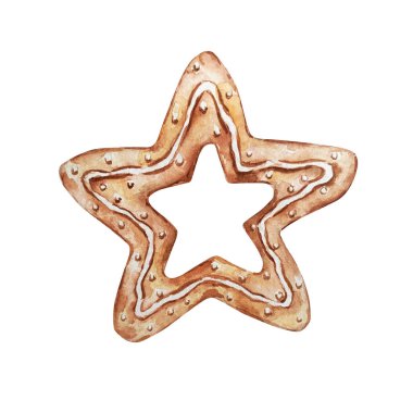 Suluboya Noel zencefilli kurabiye yıldızı. Suluboya çizimi beyaz arkaplanda izole edildi. Yılbaşı kartları ve davetiyeler için elle çizilmiş Clipart