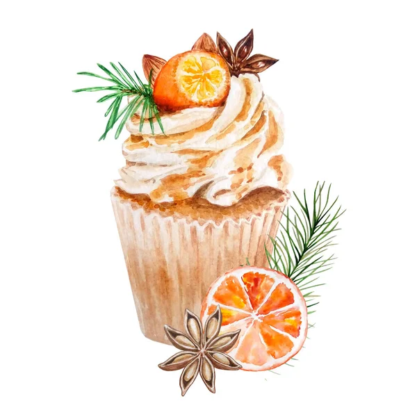 水彩画圣诞蛋糕手绘橙色 叶子隔离在白色背景上 假日的标志 用于设计或印刷的季节性流行插图 — 图库照片