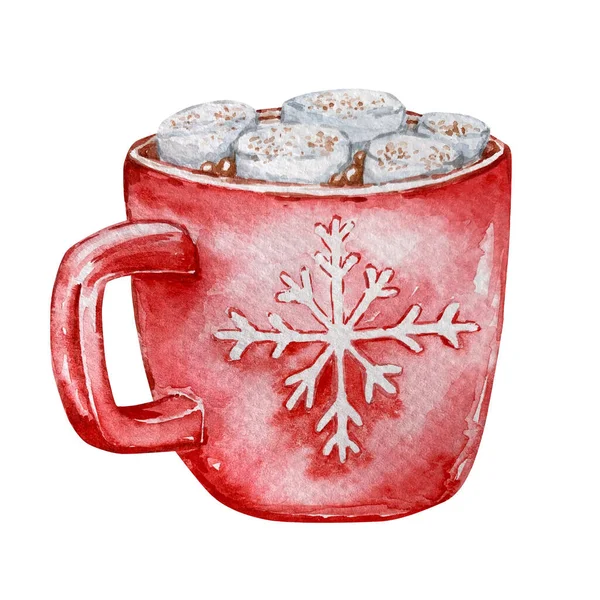 Watercolor Illustrations Hot Chocolate Marshmallows Red Mug Snowflake Pattern Isolated — Stock Photo, Image