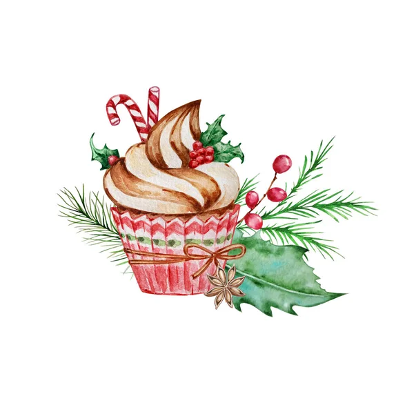 Cupcake Natal Aquarela Com Decoração Bagas Pintadas Mão Folhas Isoladas — Fotografia de Stock