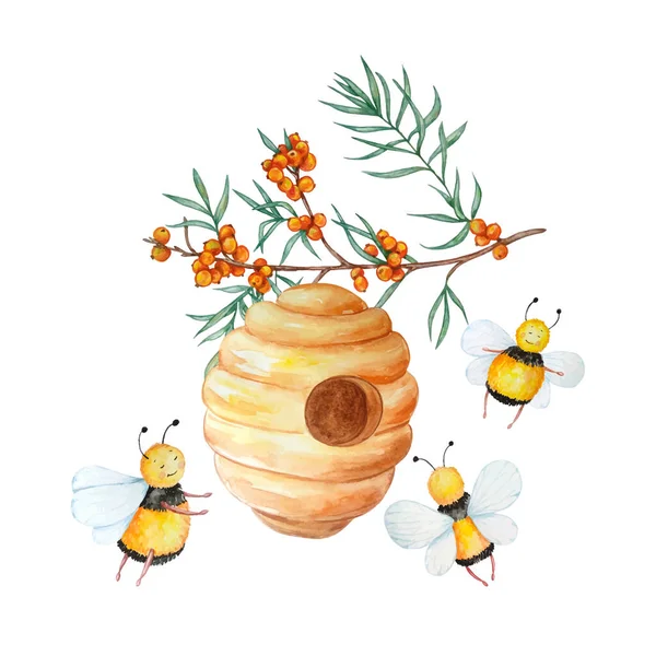 Занятые Милые Пчёлы Летают Вокруг Улья Ветке Облепихой — стоковый вектор