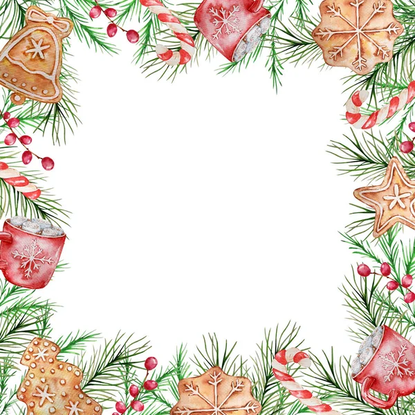 Akvarel Vánoční Rám Zimními Smrky Borovými Větvemi Bobulemi Červeným Hrnkem — Stock fotografie